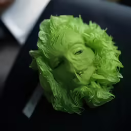a green person is in costume and his face is covered with paper