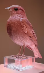 this bird is sitting on top of a clear block