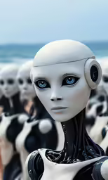 a photo of many humanoid like figures facing a ocean