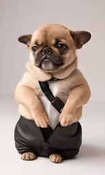 a small puppy sitting on a bag with his legs crossed
