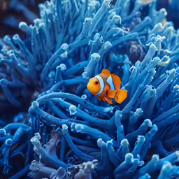a blue and white sea anemone among corals