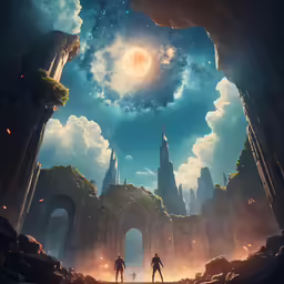 two people standing inside an archway into an old structure