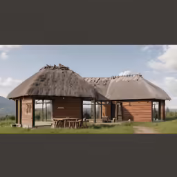 an out building with thatched roofs in the middle of nowhere