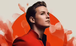 the actor in a red jacket stands against an orange circle