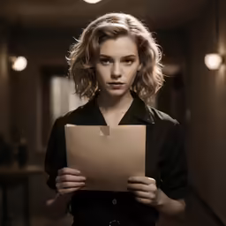 a woman holding up a paper while wearing black