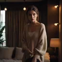 a woman with brown hair standing in a hotel room