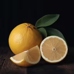 an orange cut in half and two halves on a table