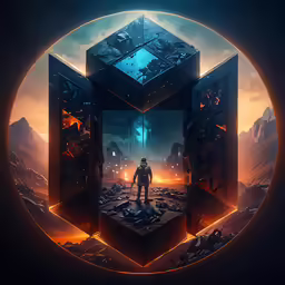 a man stands in an artistic scene surrounded by cubes