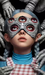 the doll is wearing a large mask with huge metal hands
