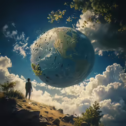 a man looking up at an upside down earth