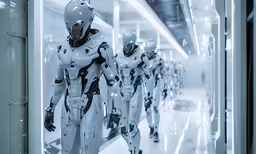 five suits lined up against a wall in a corridor