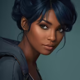 an african american woman with blue hair wearing grey and black clothing