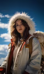 the woman is standing outside with her jacket on and she looks very attractive