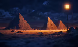 a number of small mountains in a field under a light