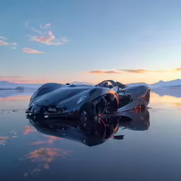 a car sits on a reflective surface with water on the ground