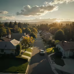 an aerial view of houses and the sun set