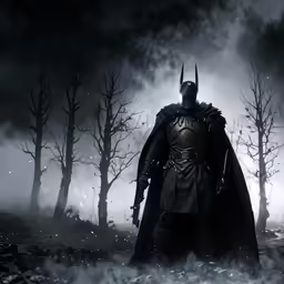 a man in a leather outfit and horned mask stands near trees