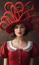 a woman in red is wearing a big hat