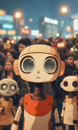 an animated character standing in front of a crowd of people