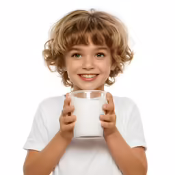 little boy with wavy brown hair holding up a glass of milk