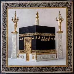 the black and gold room with two statues
