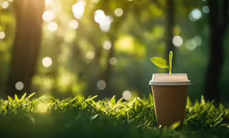 a cup of coffee with a plant sticking out of it