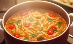 this is a white bowl with soup filled with pasta and tomatoes
