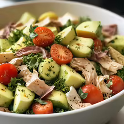 a large bowl full of mixed vegetables and sliced meat