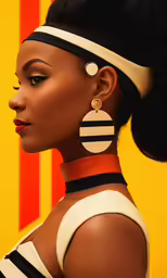 a woman in a black and white striped dress with large gold earrings
