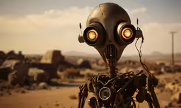 a robot with bright eyes standing outside on a dusty, barren road