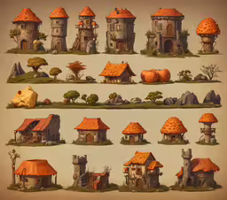 the illustrations show various types of houses,the various buildings, roofs, and trees are in various angles