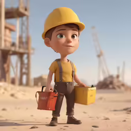 a small doll wearing a hard hat with construction equipment in hand