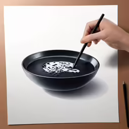 a person holds a paint brush as they draw a bowl with black and white food