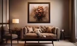 the living room is clean and organized in neutral colors