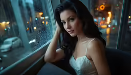 woman looking out window at night in a city