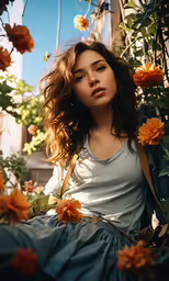 a young woman is posing for the camera in a beautiful picture