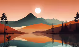 the sun rises over mountains, and the sun reflects on a lake,an illustration of a sunset with mountains and lake