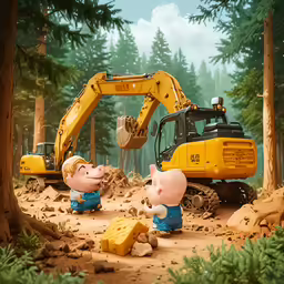 some pigs near a construction vehicle and trees