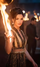 young lady dressed in vintage fashion holding fire stick