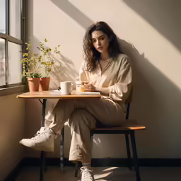 a woman is sitting at a table while holding a coffee mug