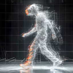 a digital image of a man with orange and white wire,the picture has orange lines and a man in white with headphones