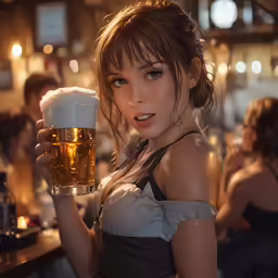 the woman is posing with a mug of beer