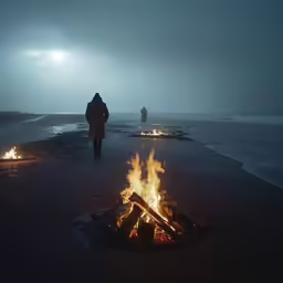 several people walking along the shoreline on fire
