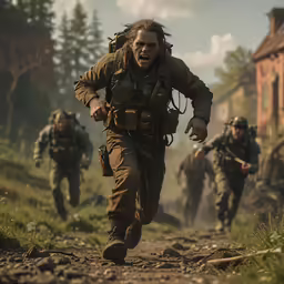 some soldiers are out in the wild running to get through the air
