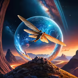 a bee flying over a mountain at night