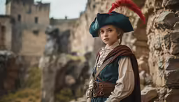 a woman in period costume with an old building background