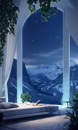 night scene, a bedroom scene with windows, mountains and stars