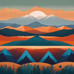 the painting of mountains and valleys shows the colors,a painting shows the view of some mountains and sky