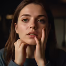 a woman holding her hand to her cheek