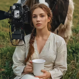 a woman with a camera is taking a photo